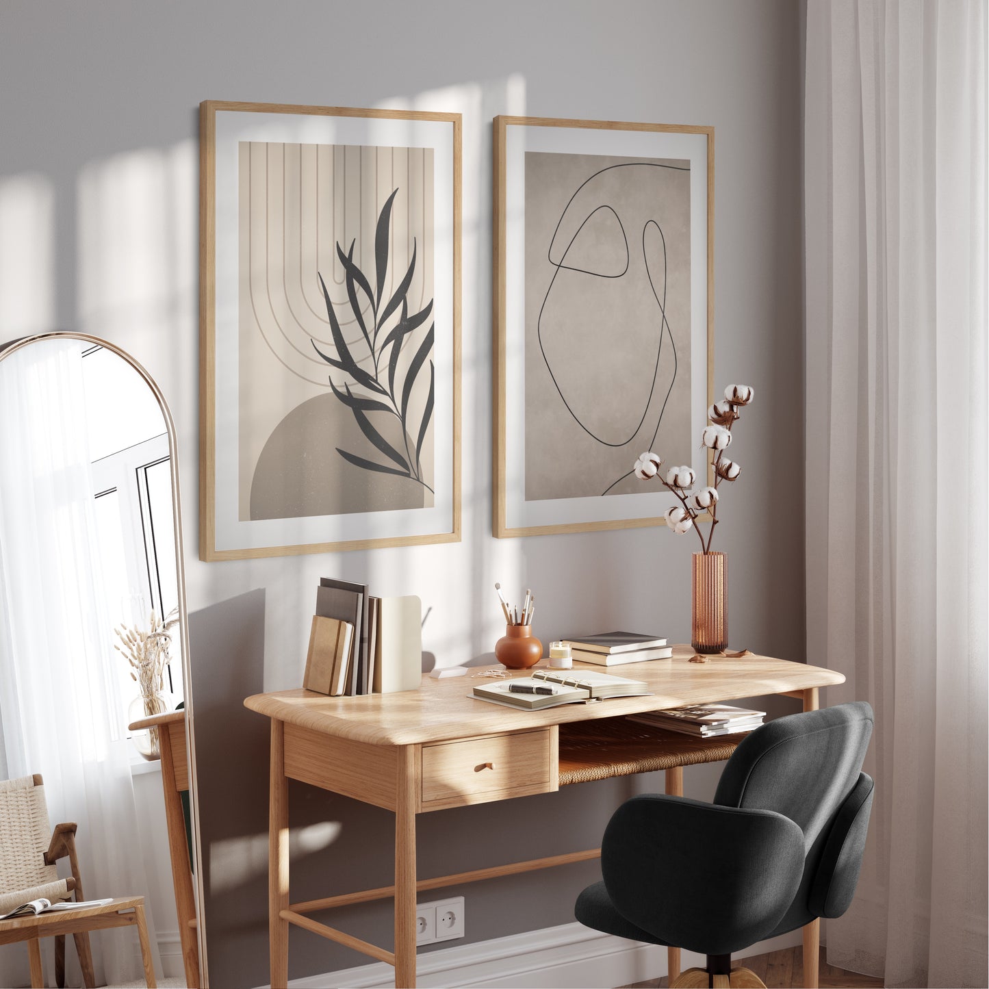 Boho plakát geometrických tvarů se siluetou listů